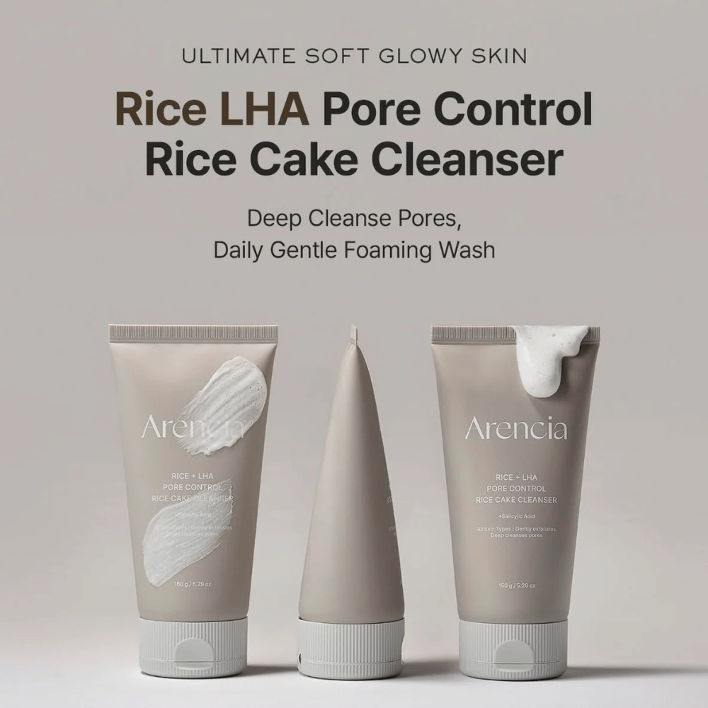 Produktpräsentation von Arencia Rice + LHA Pore Control Rice Cake Cleanser aus verschiedenen Blickwinkeln, tägliche schäumende Gesichtsreinigung für klarere Poren und gleichmäßigere Hautstruktur.