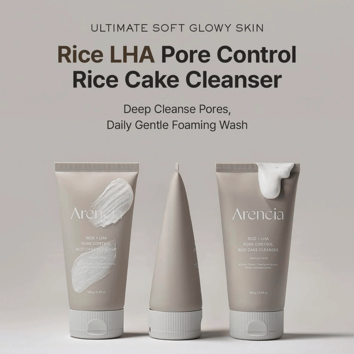 Produktpräsentation von Arencia Rice + LHA Pore Control Rice Cake Cleanser aus verschiedenen Blickwinkeln, tägliche schäumende Gesichtsreinigung für klarere Poren und gleichmäßigere Hautstruktur.