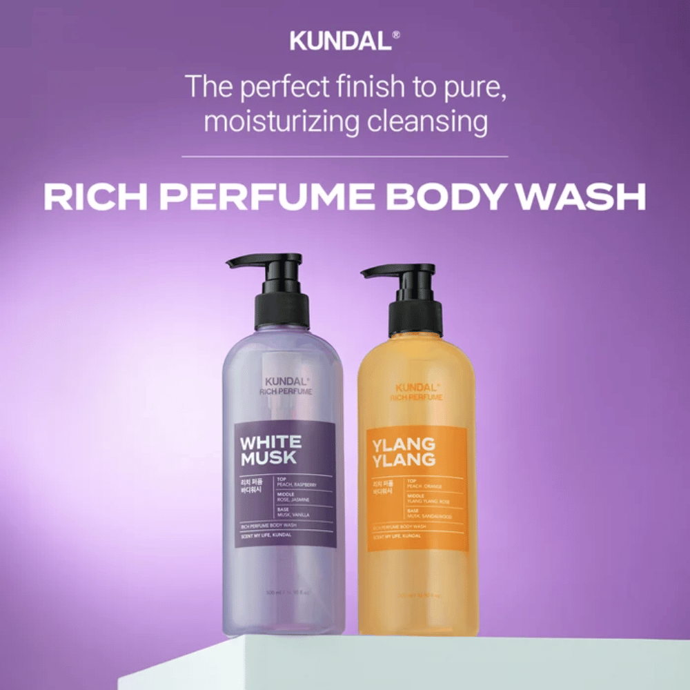 5. KUNDAL Rich Perfume Body Wash White Musk & Ylang Ylang – parfümierte und feuchtigkeitsspendende Körperreinigung