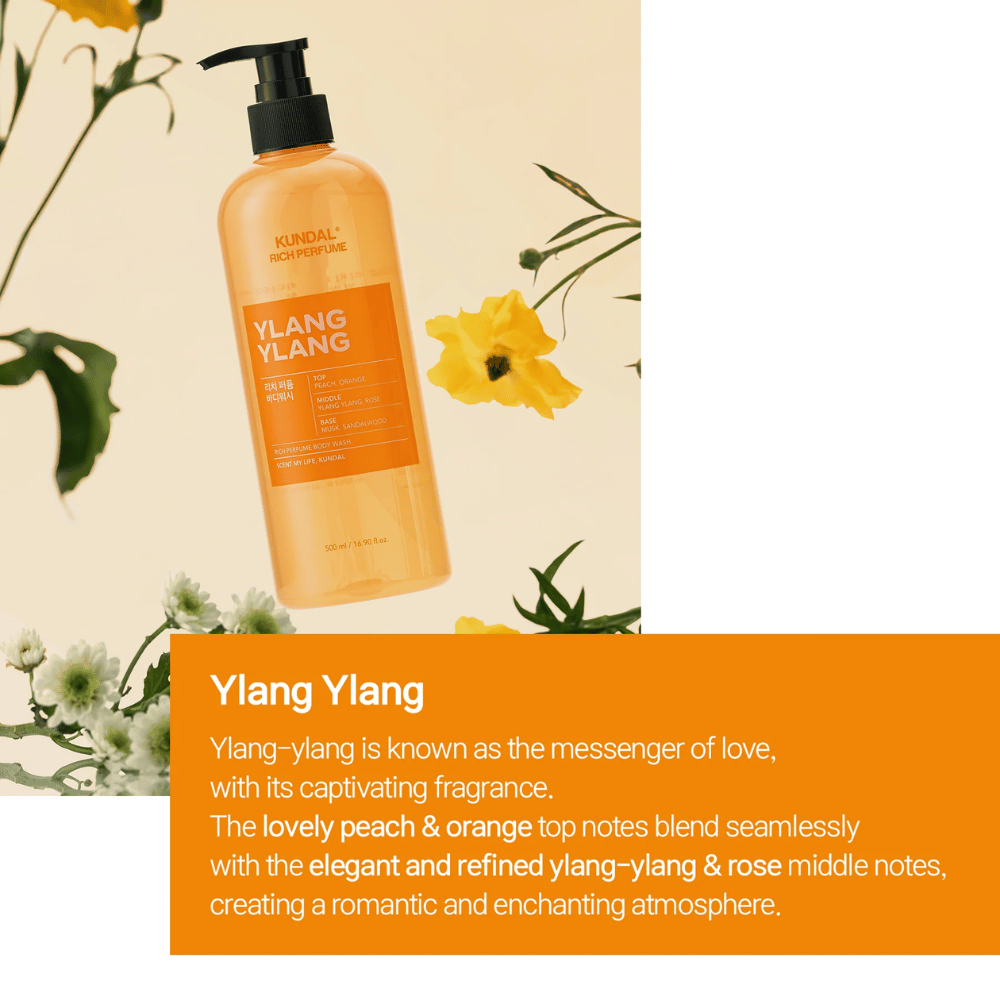 2. KUNDAL Rich Perfume Body Wash Ylang Ylang 500 ml – Duschseife mit Duft nach Pfirsich, Orange, Ylang-Ylang, Rose, Moschus und Sandelholz