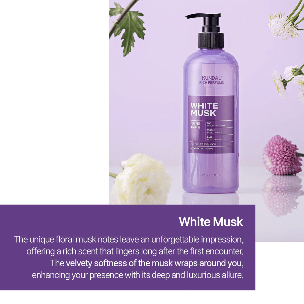 1. KUNDAL Rich Perfume Body Wash White Musk & Ylang Ylang 500 ml – parfümierte Duschseife in zwei Duftvarianten