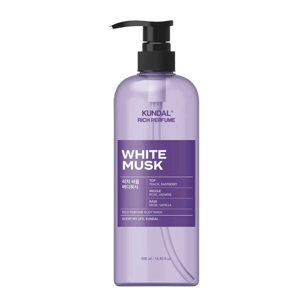7. KUNDAL Rich Perfume Body Wash White Musk 500 ml – lilafarbene Duschseife mit Duft nach Pfirsich, Himbeere, Rose, Jasmin, Moschus und Vanille
