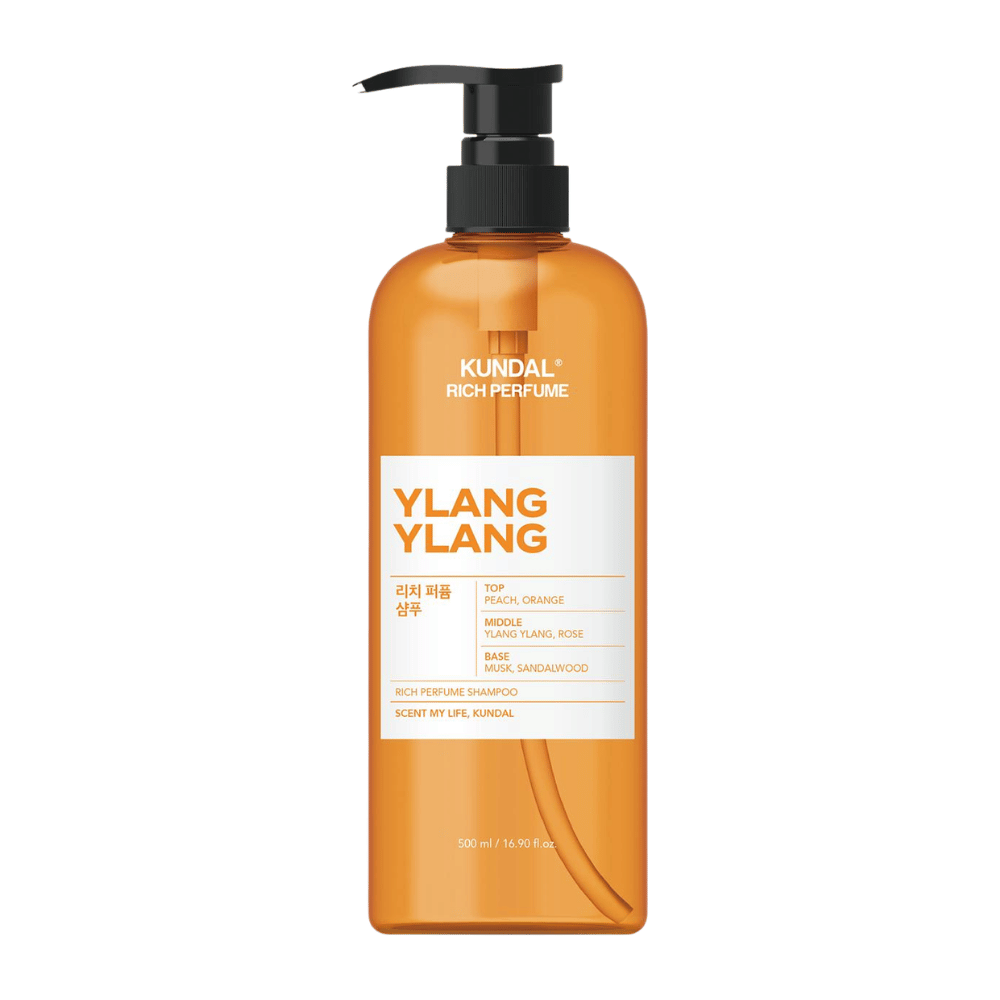 1. KUNDAL Rich Perfume Shampoo Ylang Ylang 500 ml – parfümiertes Shampoo mit Duft nach Pfirsich, Orange, Ylang-Ylang und Rose