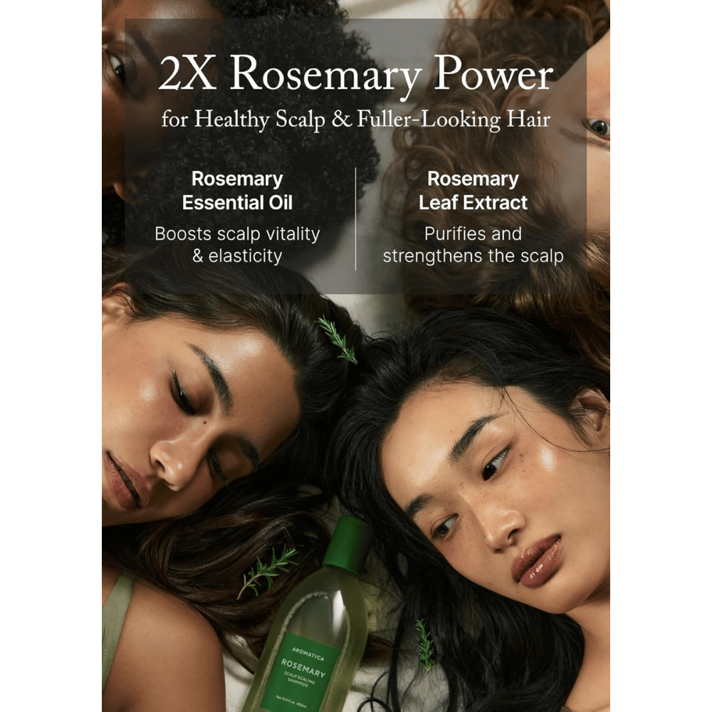AROMATICA Rosemary Scalp Scaling Shampoo mit Rosmarinöl und Rosmarinextrakt, die die Kopfhaut stärken, tiefenwirksam reinigen und volleres Haar fördern.