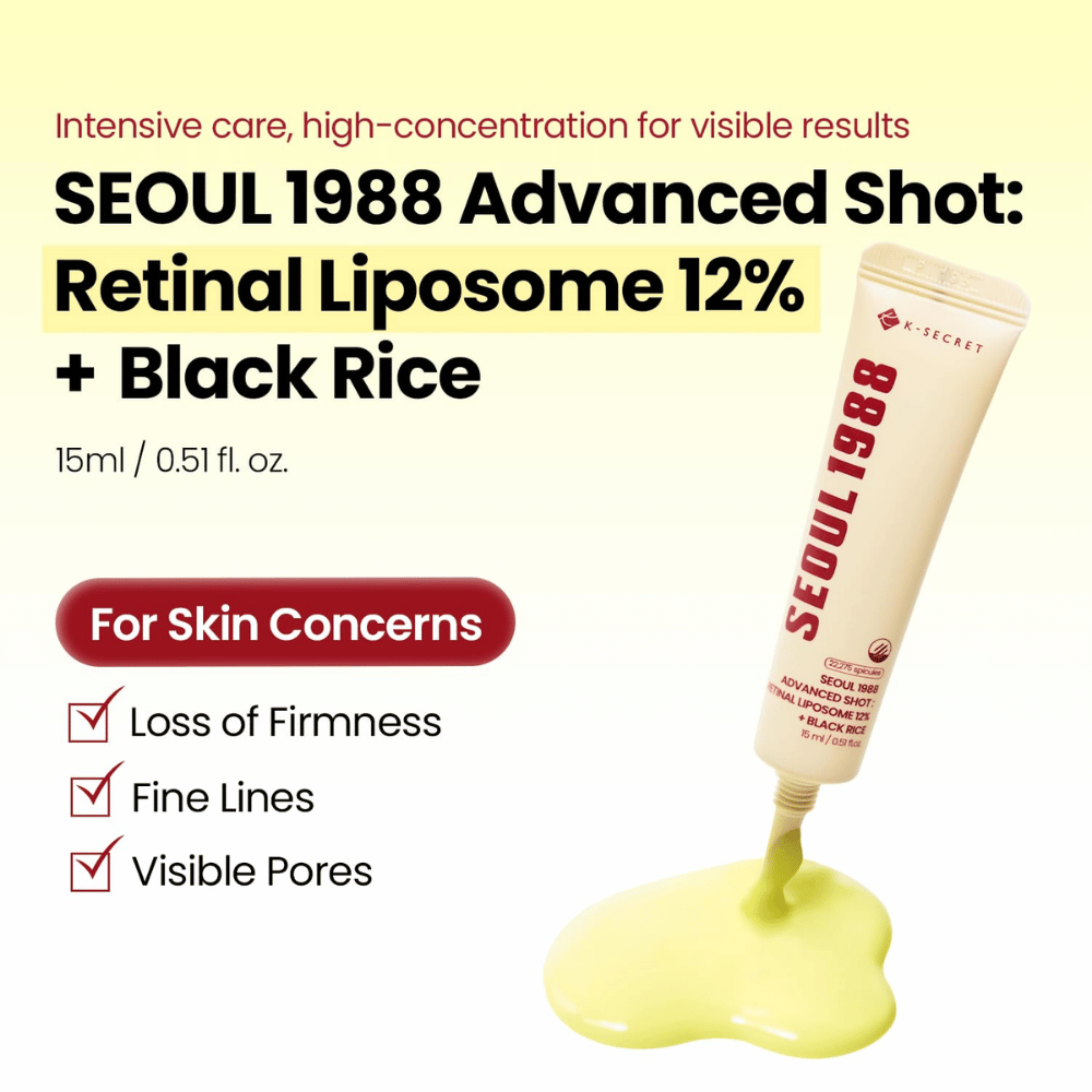 K-SECRET SEOUL 1988 Advanced Shot Retinal Liposome 12% + Black Rice 15 ml – intensive Retinalbehandlung für feine Linien, sichtbare Poren und verlorene Festigkeit.