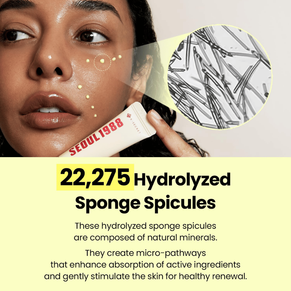 K-SECRET SEOUL 1988 Advanced Shot – Formel mit 22.275 hydrolysierten Sponge Spicules, kombiniert mit aktiven Hautpflegeinhaltsstoffen.