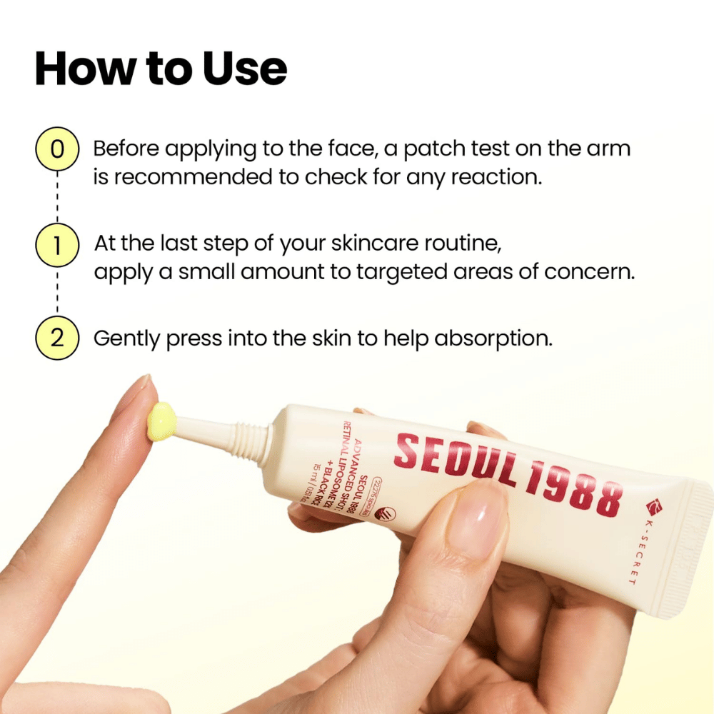 K-SECRET SEOUL 1988 Advanced Shot Retinal Liposome 12% + Black Rice – Anwendung der Retinalbehandlung als letzter Schritt der Hautpflegeroutine.