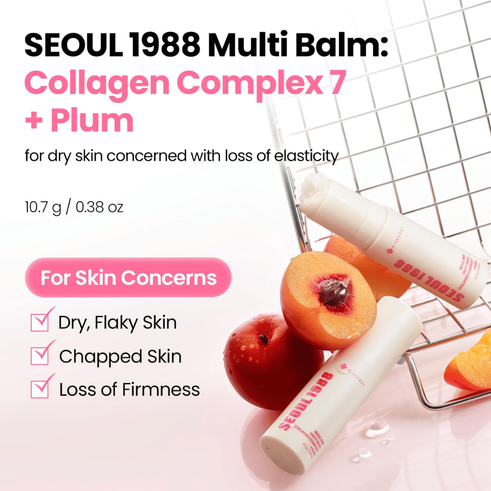 K-SECRET SEOUL 1988 Multi Balm Collagen Complex 7 + Plum 10,7 g – feuchtigkeitsspendender Balsam für trockene Haut und Haut mit verminderter Festigkeit.