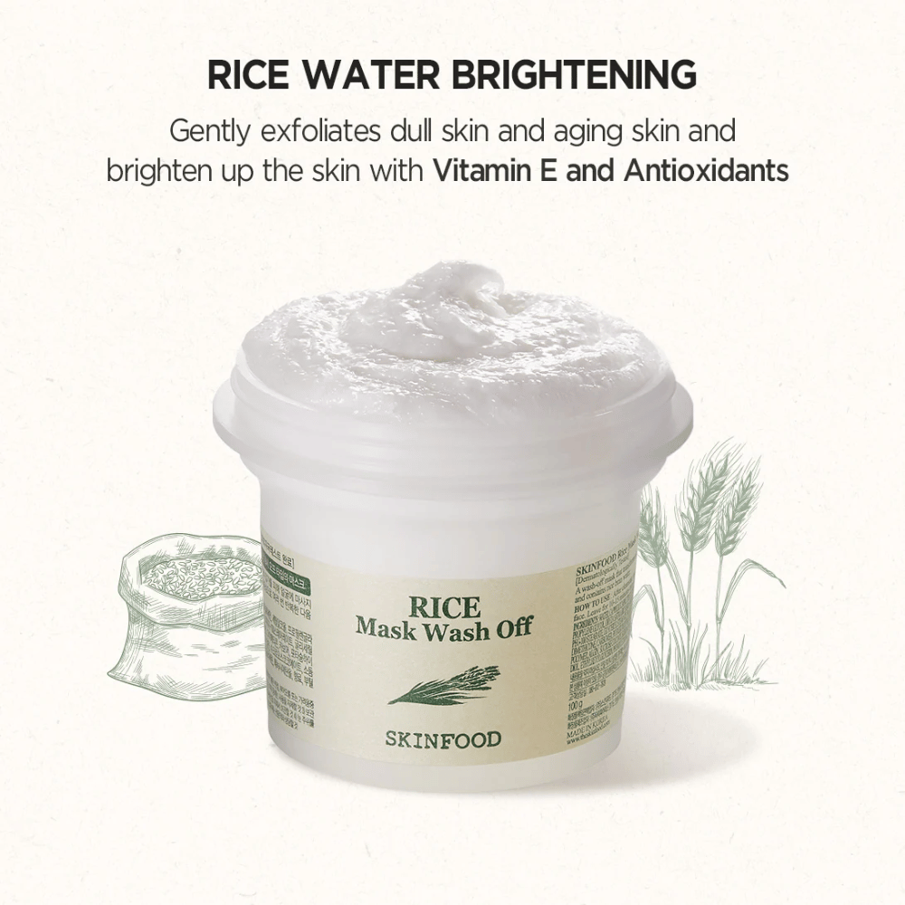 SKINFOOD's Rice Mask Wash Off 120g wird empfohlen, um die Haut aufzuhellen und zu unterstützen.