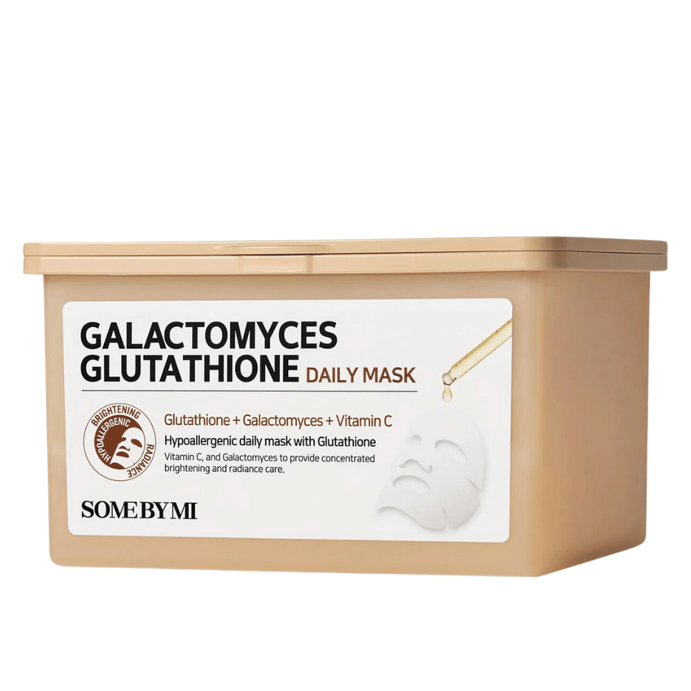 Galactomyces Glutathione Daily Mask von Some By Mi ist eine hypoallergene Gesichtsmaske, die Glutathion, Galactomyces und Vitamin C kombiniert. Sie bietet eine konzentrierte Behandlung, um die Haut aufzuhellen und ihr einen strahlenden Glanz zu verleihen, während sie die Haut pflegt.