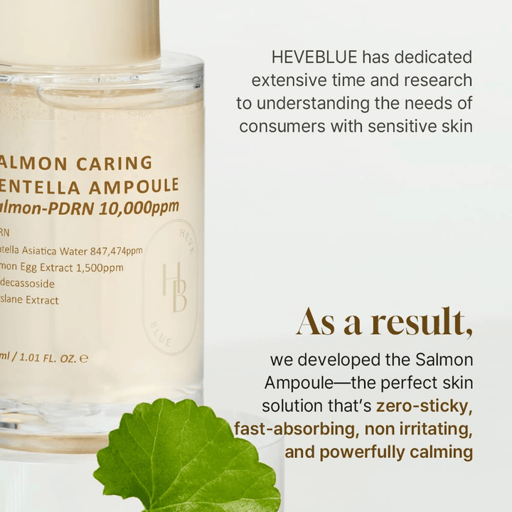 Heveblue Salmon Caring Centella Ampoule – schnell einziehendes PDRN-Serum mit Centella für empfindliche Haut, beruhigt Irritationen und stellt die Hautbarriere wieder her