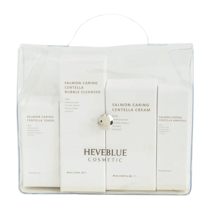 Heveblue Salmon Caring Centella Special Travel Kit Hautpflege-Set – koreanische Hautpflegeroutine mit gesichtswasser, Bubble Cleanser, Creme und Ampulle mit Centella Asiatica und PDRN.