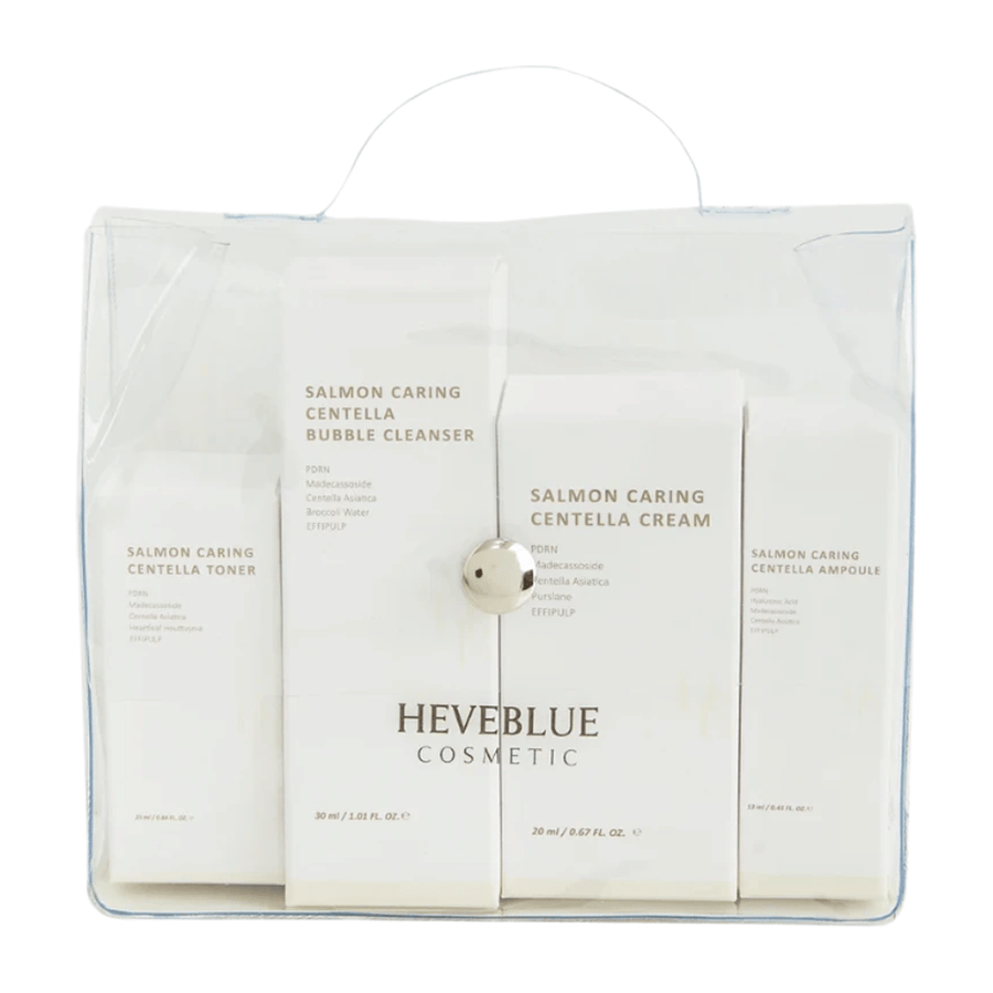 Heveblue Salmon Caring Centella Special Travel Kit Hautpflege-Set – koreanische Hautpflegeroutine mit gesichtswasser, Bubble Cleanser, Creme und Ampulle mit Centella Asiatica und PDRN.