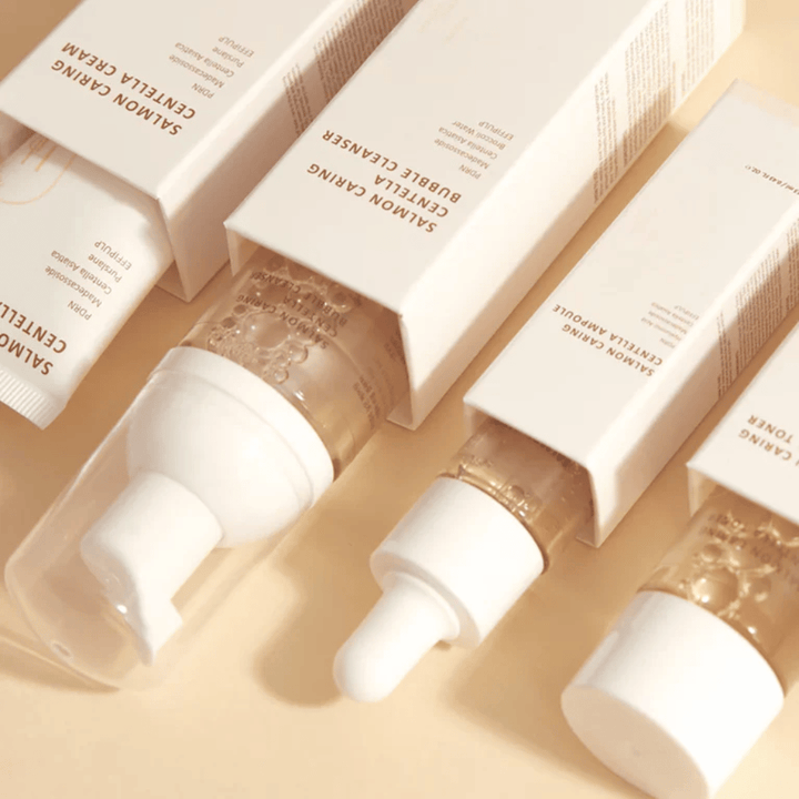 Heveblue Salmon Caring Centella Travel Kit Hautpflege-Set – koreanische Hautpflegeprodukte mit Centella Asiatica und PDRN, die helfen, die Haut zu befeuchten, zu beruhigen und die Hautbarriere zu stärken.