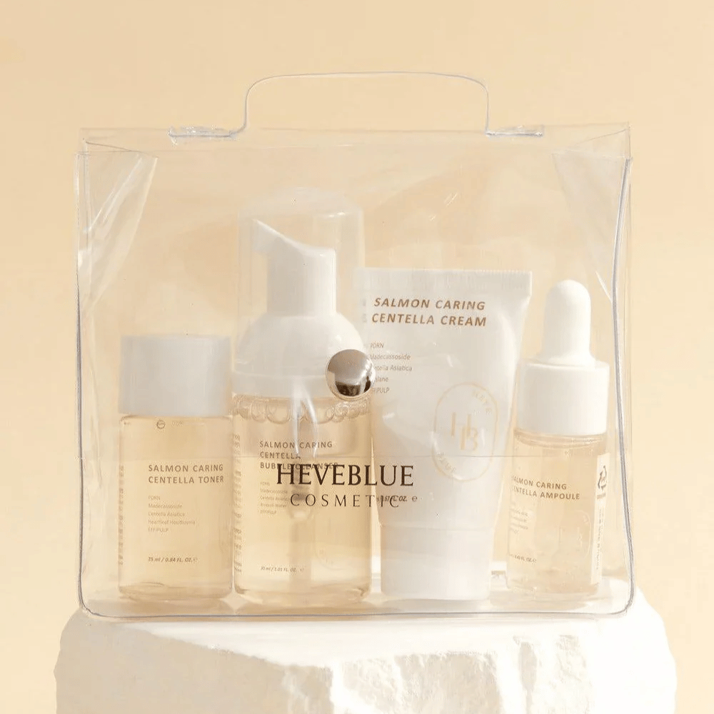 Heveblue Salmon Caring Centella Special Travel Kit – koreanisches Hautpflege-Set mit gesichtswasser, Bubble Cleanser, Creme und Ampulle mit Centella Asiatica und PDRN aus Lachs in praktischer Reiseverpackung.