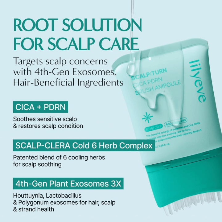 Produktbild von LILYEVE Scalp:Turn Cica PDRN Brush Ampoule mit Beschreibung der Schlüsselinhaltsstoffe. Das Bild hebt CICA, PDRN, kühlenden Kräuterkomplex und pflanzliche Exosomen hervor, die dabei helfen, empfindliche Kopfhaut zu beruhigen und zu pflegen.