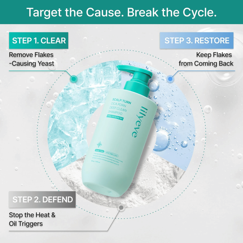 LILYEVE Scalp:Turn Cica PDRN Deep Clean Shampoo reinigt die Kopfhaut, wirkt Schuppen und überschüssigem Talg entgegen und hilft, wiederkehrenden Beschwerden vorzubeugen.