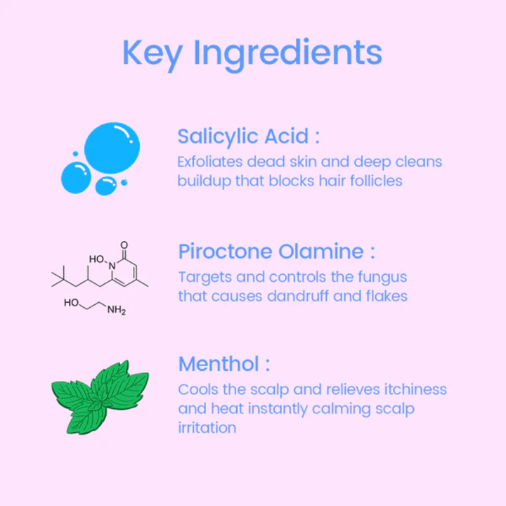 Informationsbild zu den Schlüsselinhaltsstoffen in Scalpy Bubble Tonic, einschließlich Salicylsäure zum Peeling, Pirocton-Olamin gegen Schuppen und Menthol, das die Kopfhaut kühlt und beruhigt.