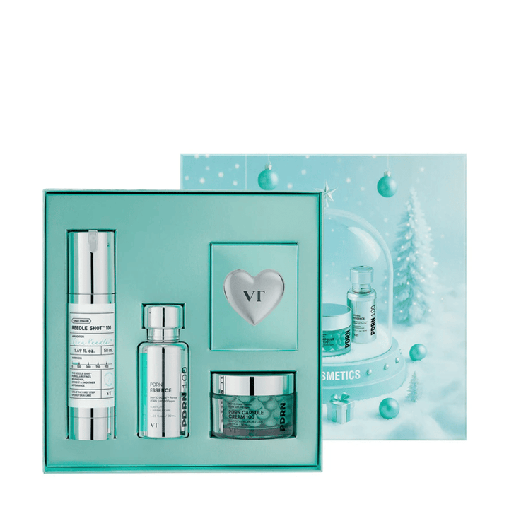 VT Cosmetics Shining Holiday Set – elegante Geschenkbox mit Reedle Shot 100, PDRN Essence, PDRN Kapselcreme und Schlüsselanhänger.