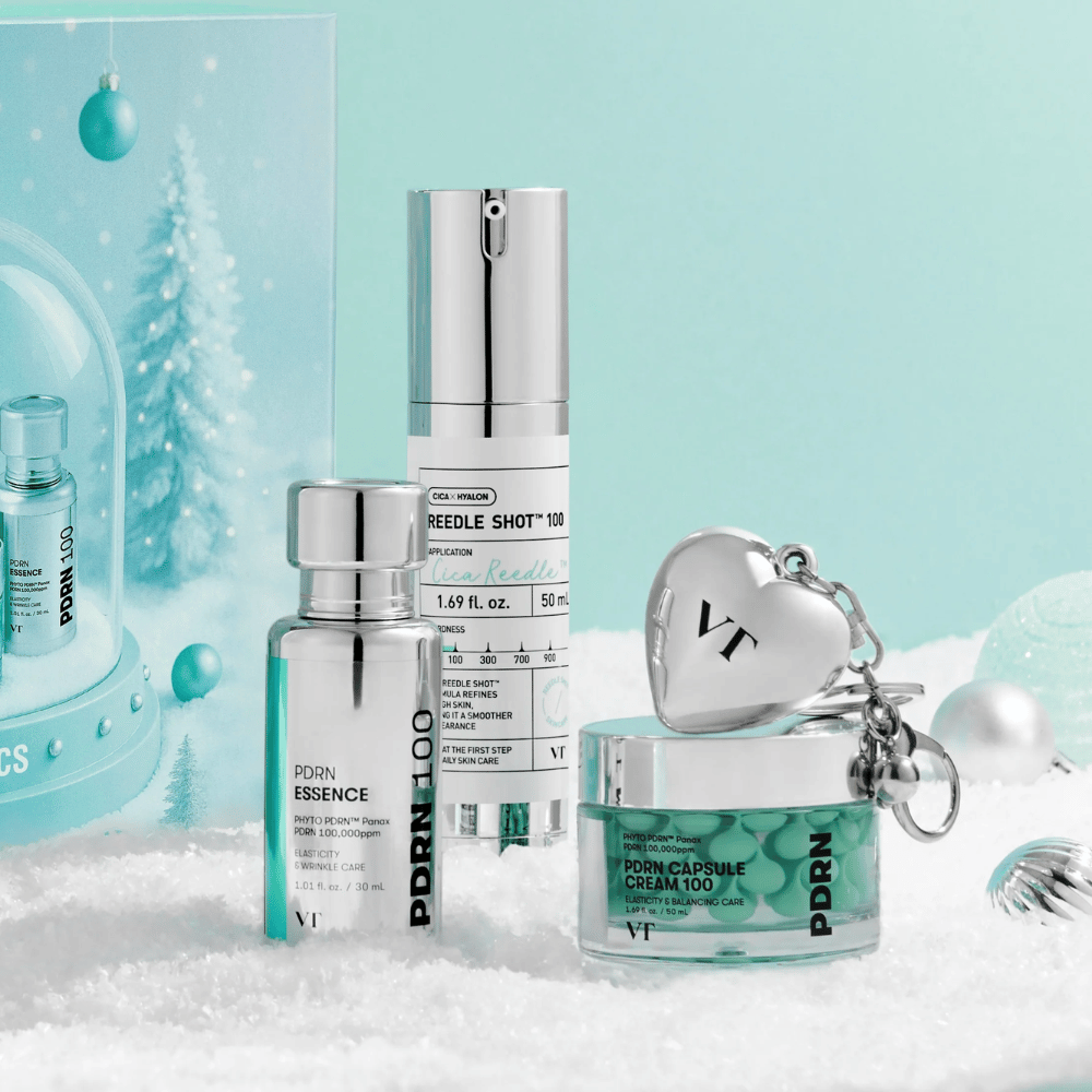 VT Cosmetics Shining Holiday Set – luxuriöses Hautpflegeset mit PDRN Essence, Reedle Shot 100 und PDRN Kapselcreme im winterinspirierten Design.