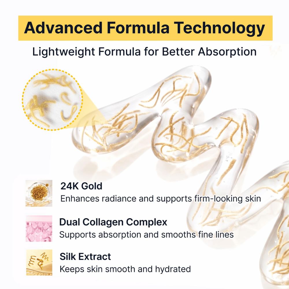 Silk Peptide EGF Intensive Ampoule kombiniert 24K Gold, Seidenextrakt und einen Doppel-Kollagen-Komplex, um der Haut Ausstrahlung, Feuchtigkeit und ein festeres Gefühl zu verleihen, während die leichte Formel schnell einzieht.