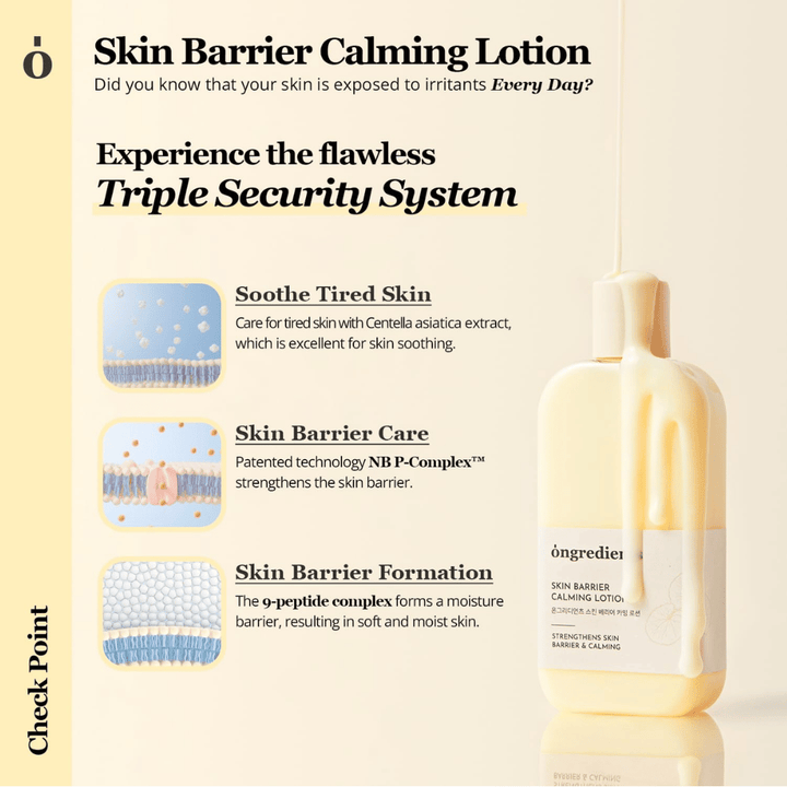 Ongredients Skin Barrier Calming Lotion mit Centella Asiatica und Peptiden, die die Haut beruhigen, die Hautbarriere stärken und langanhaltende Feuchtigkeit spenden.