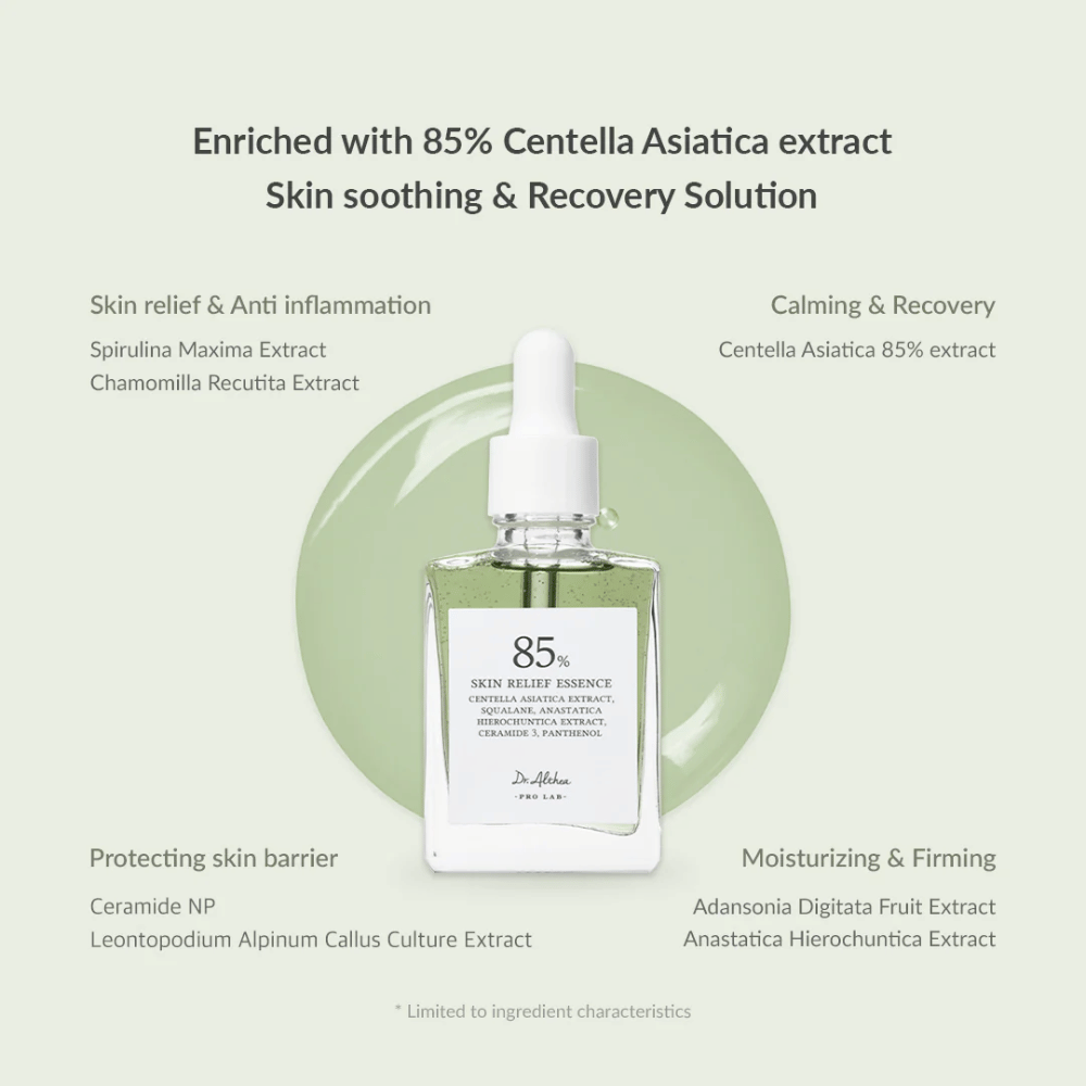 Dr. Althea Skin Relief Essence ist angereichert mit 85 % Centella Asiatica-Extrakt und bietet beruhigende und reparierende Pflege. Enthält entzündungshemmende Inhaltsstoffe wie Spirulina und Kamille, Ceramide zur Stärkung der Hautbarriere sowie feuchtigkeitsspendende Extrakte von Baobab und Anastatica. Perfekt für empfindliche, gerötete und gestresste Haut.