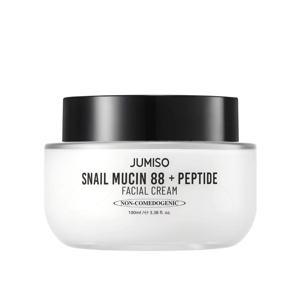 JUMISO Snail Mucin 88 + Peptide Facial Cream in einem weißen Behälter mit schwarzem Deckel. Gesichtscreme mit 88 % Schneckensekret und Peptiden für intensive Hautpflege und Feuchtigkeit.