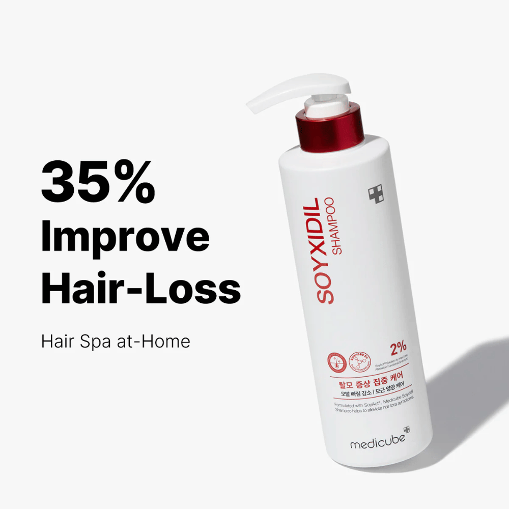 Medicube Soyxidil Shampoo wird mit dem Text angezeigt: „35% Verbesserung des Haarausfalls – Hair Spa zu Hause“. Shampoo gegen Haarausfall und für eine gesunde Kopfhaut.