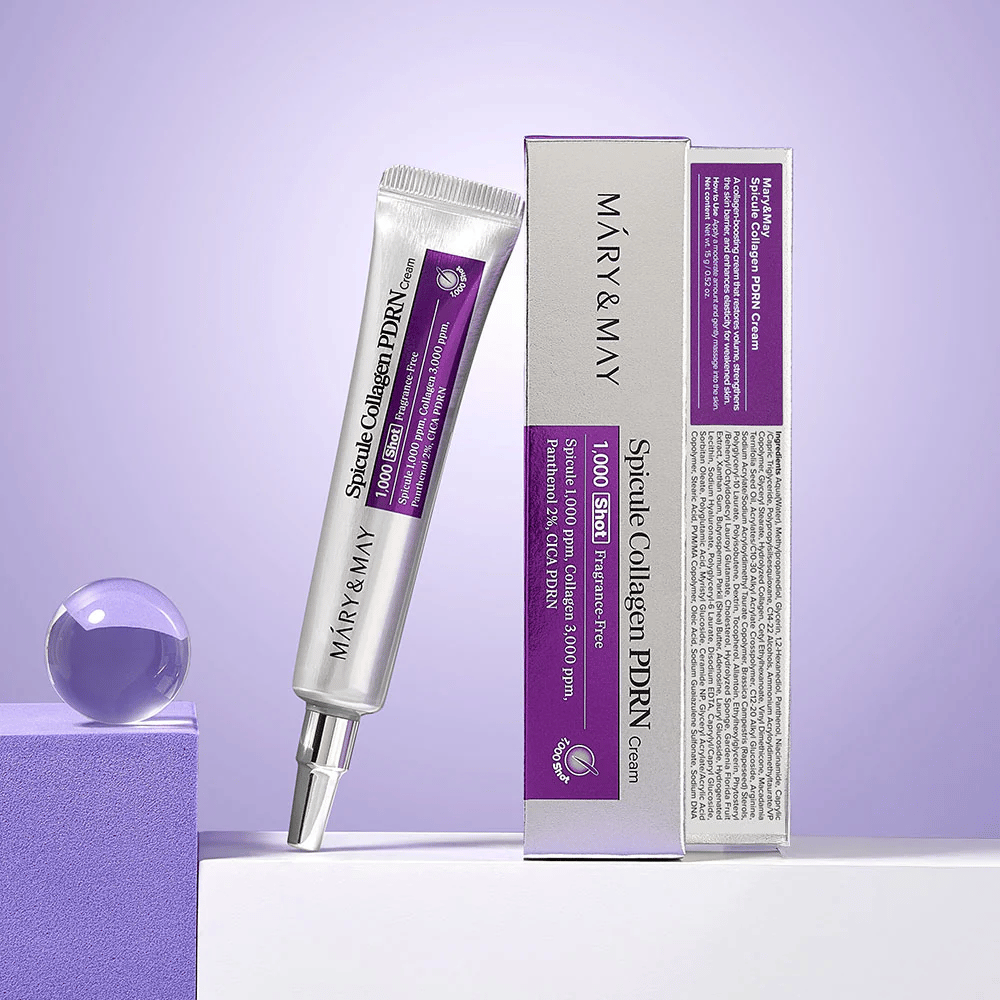 Mary & May Spicule Collagen PDRN Cream neben Originalverpackung, regenerierende Gesichtscreme mit Kollagen, PDRN und Spicule.