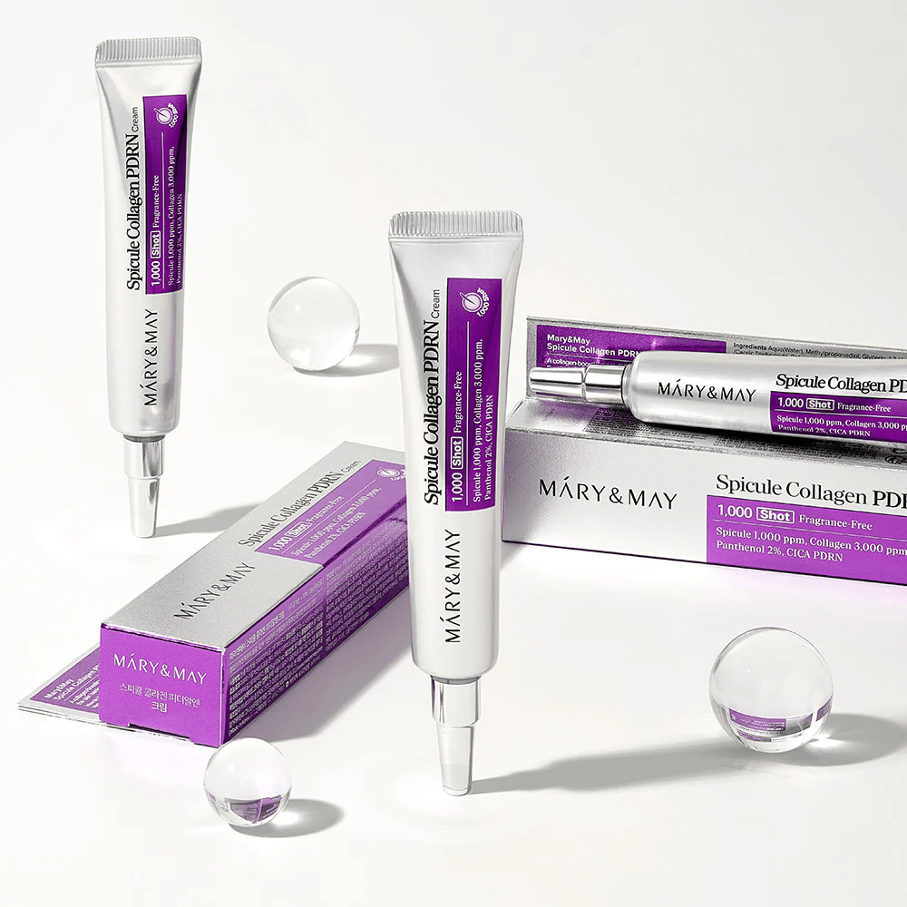 Mary & May Spicule Collagen PDRN Cream in Tube mit Verpackung, koreanische Hautpflege mit Spicule, Kollagen und PDRN für Hauterneuerung und verbesserte Elastizität.