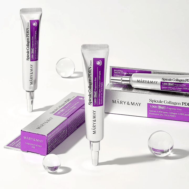 Mary & May Spicule Collagen PDRN Cream in Tube mit Verpackung, koreanische Hautpflege mit Spicule, Kollagen und PDRN für Hauterneuerung und verbesserte Elastizität.