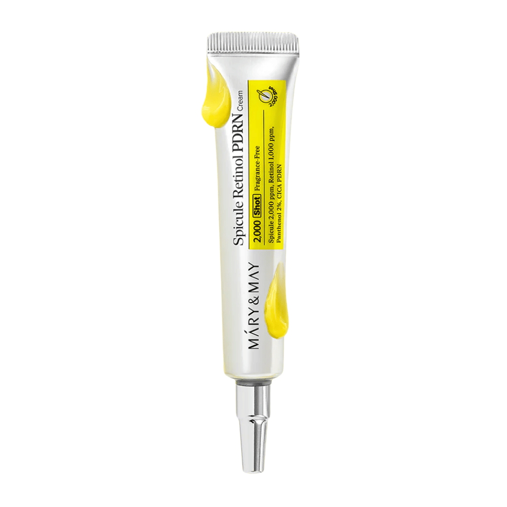 Produktbild von MARY & MAY Spicule Retinol PDRN Cream in Tube auf weißem Hintergrund, eine aktive Gesichtscreme mit Retinol und PDRN, die für reife und ungleichmäßige Haut geeignet ist.