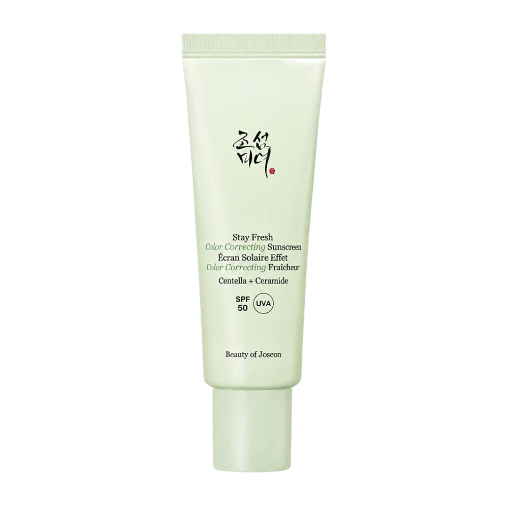5. Beauty of Joseon Stay Fresh Color Correcting Sunscreen SPF 50 – grüne farbkorrigierende Sonnencreme vor weißem Hintergrund