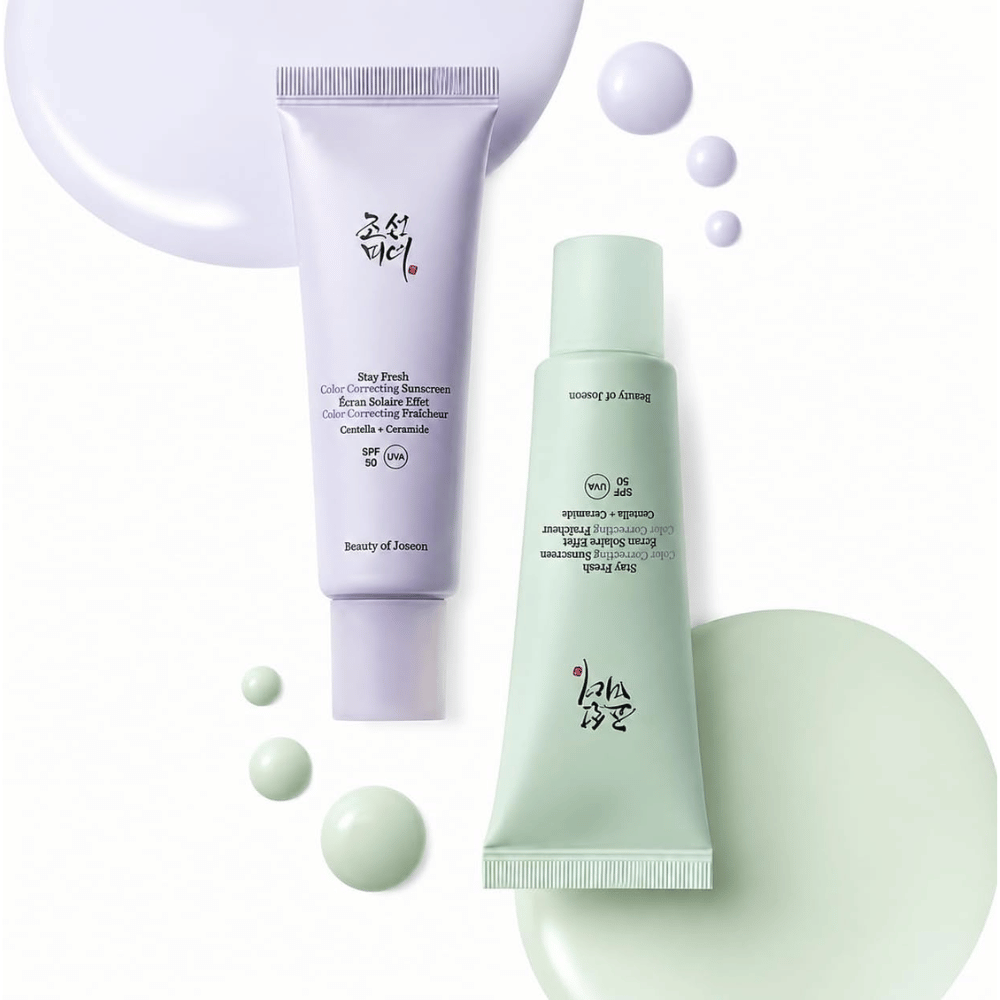 3. Beauty of Joseon Stay Fresh Color Correcting Sunscreen SPF 50 – grüne und lila Sonnencreme mit Farbmuster
