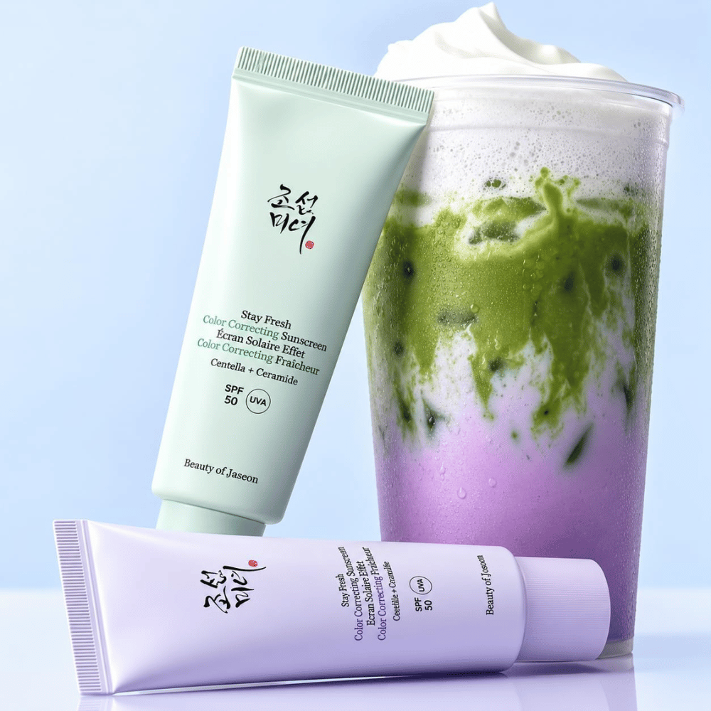 1. Beauty of Joseon Stay Fresh Color Correcting Sunscreen SPF 50 – grüne und lila Sonnencreme mit passendem Getränk