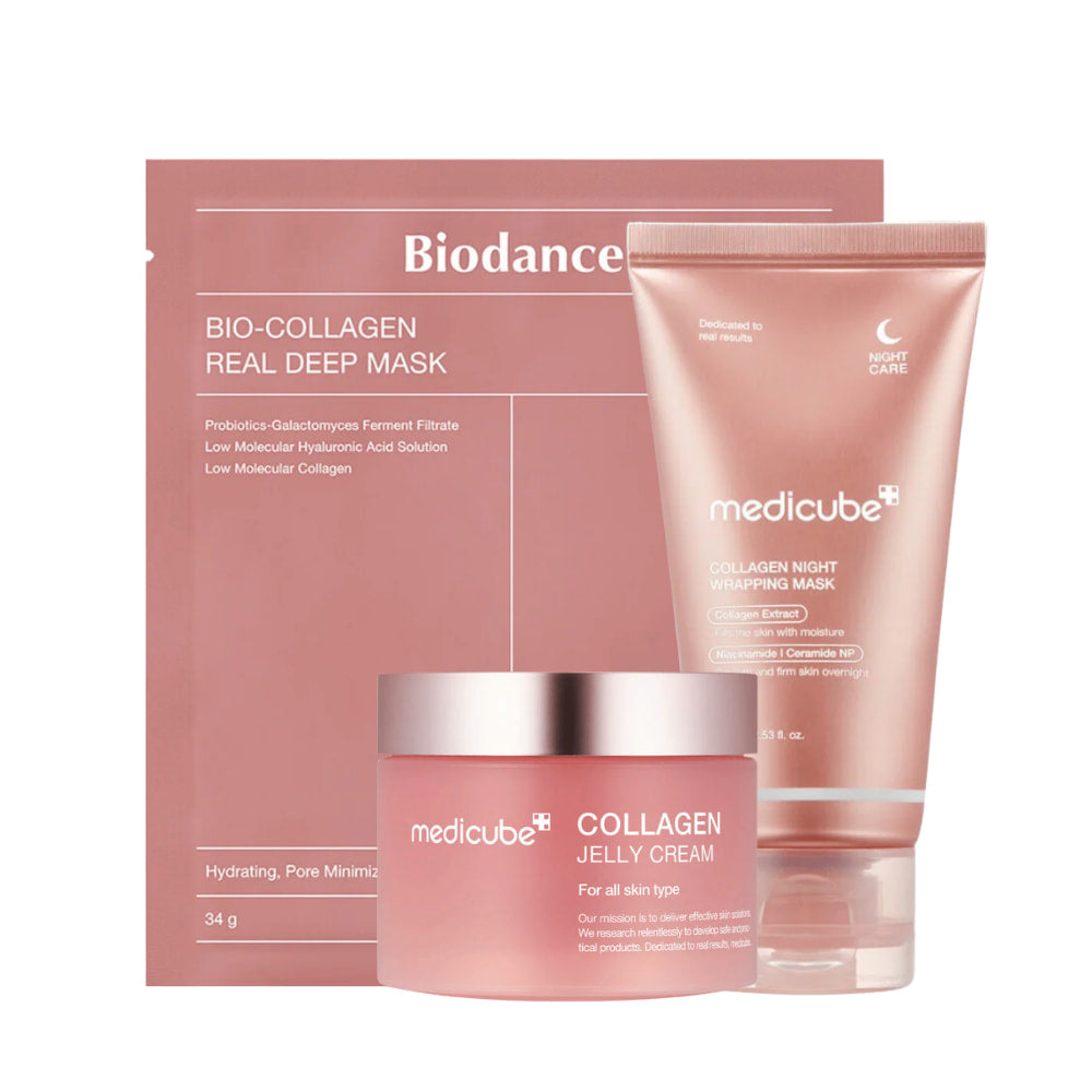 Das Produktset "Sweet Dreams Skincare" von Medicube, entworfen, um die Festigkeit und Ausstrahlung der Haut während der Nacht zu verbessern. Es beinhaltet "Collagen Jelly Cream", "Collagen Night Wrapping Mask" und "Bio-Collagen Real Deep Mask". Diese Produkte sind mit Kollagen, Probiotika und Hyaluronsäure angereichert und sollen Feuchtigkeit spenden und Poren minimieren, was eine weiche und geschmeidige Haut ergibt.