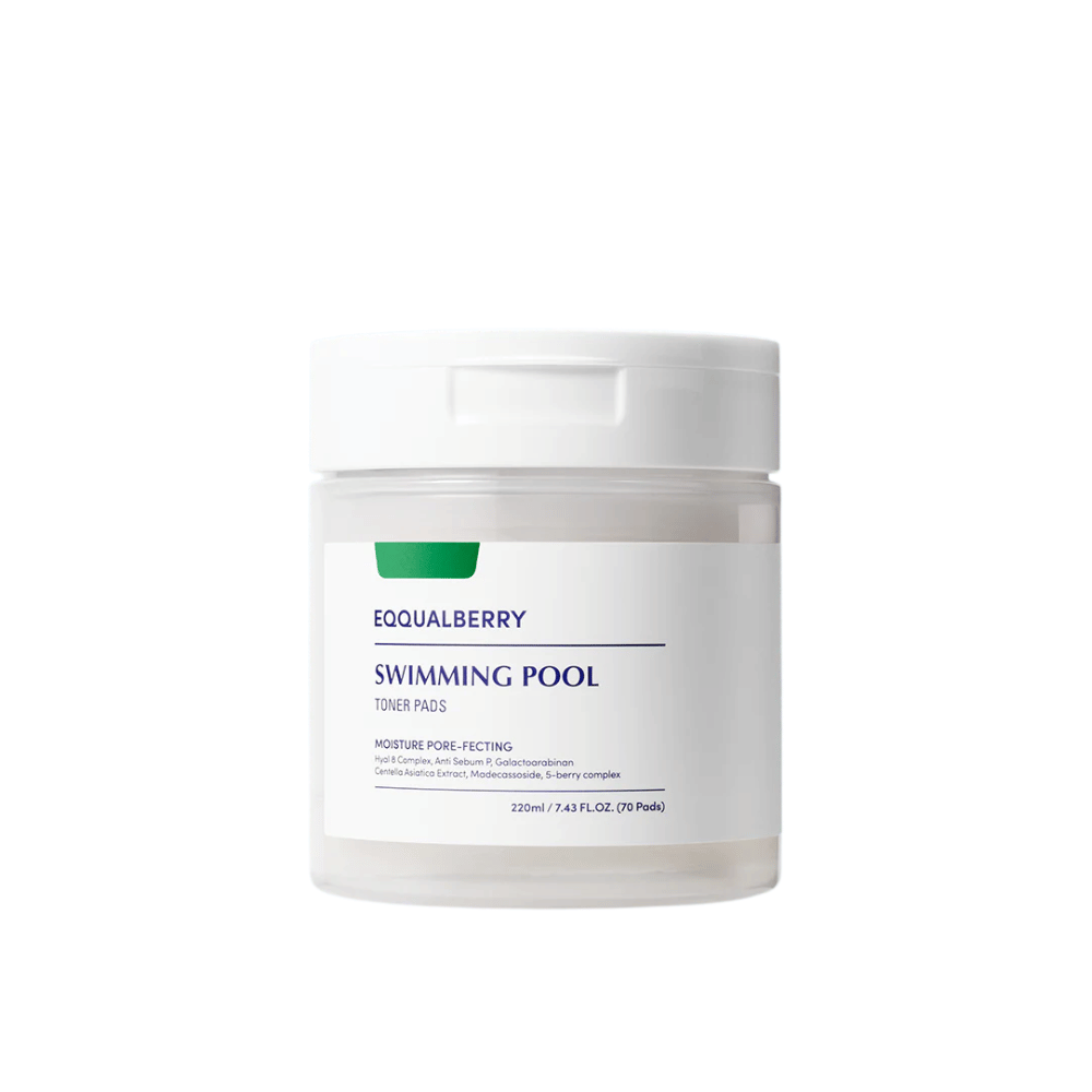 Produktbild von Equalberry Swimming Pool Toner Pads – 70 feuchtigkeitsspendende und porenverfeinernde Pads mit veganen Inhaltsstoffen für eine frische und ausgeglichene Haut.
