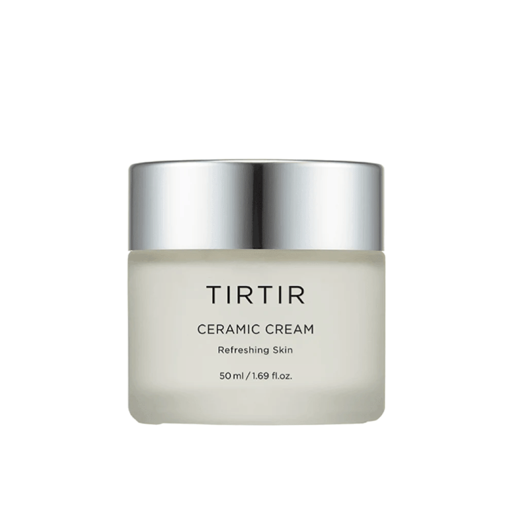 Ein Behälter von TIRTIR Ceramic Cream bestimmt für "Refreshing Skin", mit einem Volumen von 50 ml / 1.69 fl oz. Der Behälter hat eine abgestufte Farbe von weiß zu durchsichtig und einen silberfarbenen Deckel.