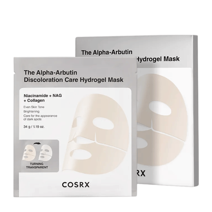 COSRX Alpha-Arbutin Discoloration Care Hydrogel-Maske Produktbild – Hydrogel sheet mask, das sich auf Pigmentflecken, Glow und verbesserte Hautklarheit konzentriert.