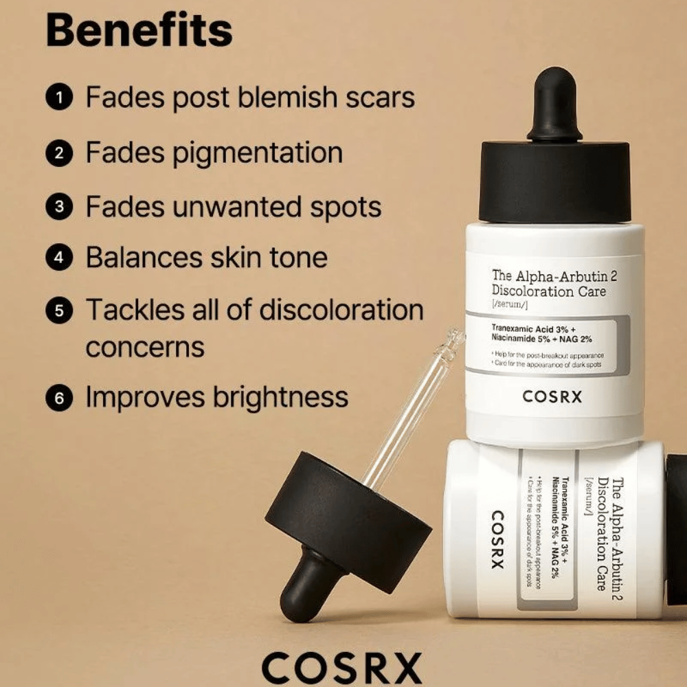 COSRX The Alpha-Arbutin 2 Discoloration Care Serum hilft, Aknenarben zu reduzieren, Pigmentflecken aufzuhellen, den Hautton auszugleichen und die Ausstrahlung der Haut zu verbessern. Enthält Tranexamsäure, Niacinamid und NAG für eine klarere Haut.