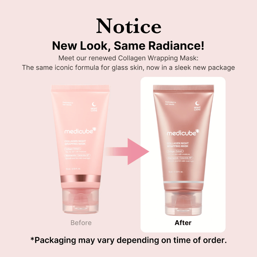 Neues Aussehen, dasselbe strahlende Ergebnis! Medicube Collagen Wrapping Mask hat jetzt eine erneuerte, stilvolle Verpackung, behält aber ihre ikonische Formel für glasige Haut. *Die Verpackung kann je nach Bestellzeitpunkt variieren.
