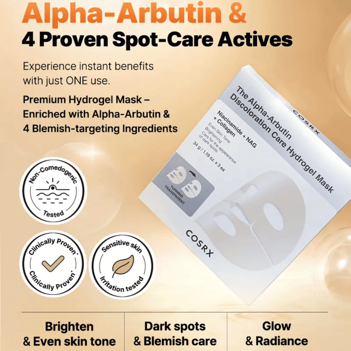 COSRX Alpha-Arbutin Discoloration Care Hydrogel-Maske Produktbild – koreanisches sheet mask für Pigmentierung, Glow und intensive Feuchtigkeitspflege.