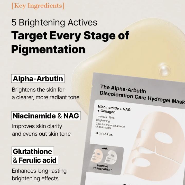 COSRX Alpha-Arbutin Discoloration Care Hydrogel-Maske mit Alpha-Arbutin und Niacinamid – sheet mask, das hilft, Pigmentflecken zu reduzieren und den Hautton auszugleichen.