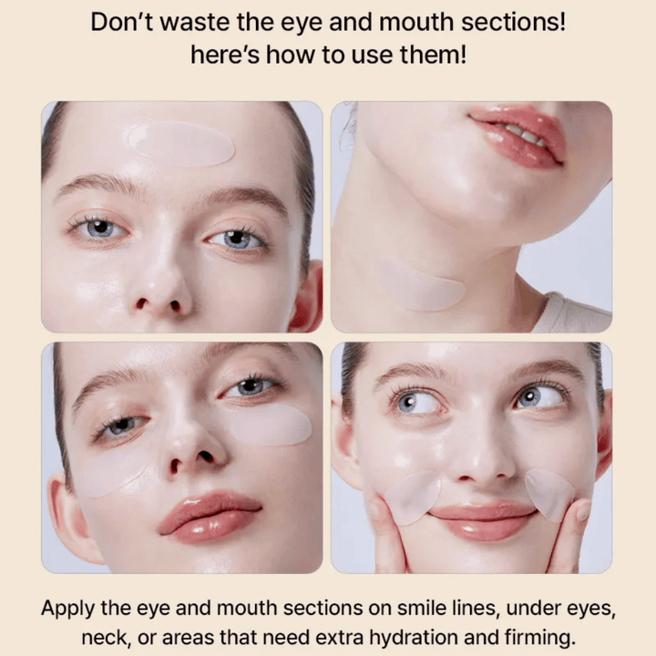 Anwendung der COSRX Alpha-Arbutin Hydrogel-Maske um Augen und Mund – multifunktionales sheet mask, das zusätzliche Feuchtigkeit und Festigkeit dort bietet, wo die Haut es am meisten braucht.