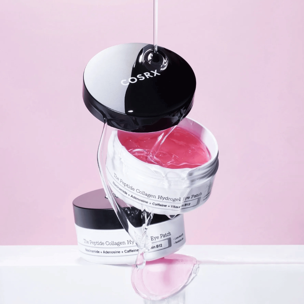 COSRX Peptide Collagen Hydrogel Eye Patch – rosafarbene Gelformel reich an Niacinamid, Adenosin, Koffein und Vitamin B12.