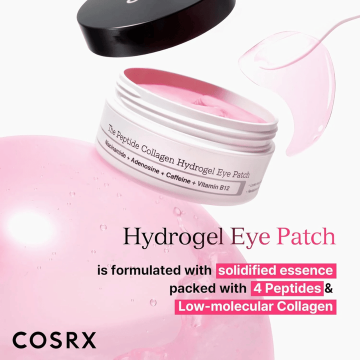 COSRX Hydrogel Eye Patch mit 4 Peptiden und niedrigmolekularem Kollagen für hydratisierte und straffe Haut um die Augen.