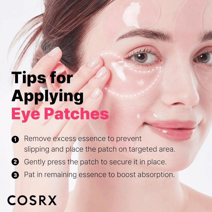 Tipps zur Anwendung von COSRX Peptide Collagen Eye Patch – festdrücken, überschüssige Essenz entfernen und den Rest einklopfen.