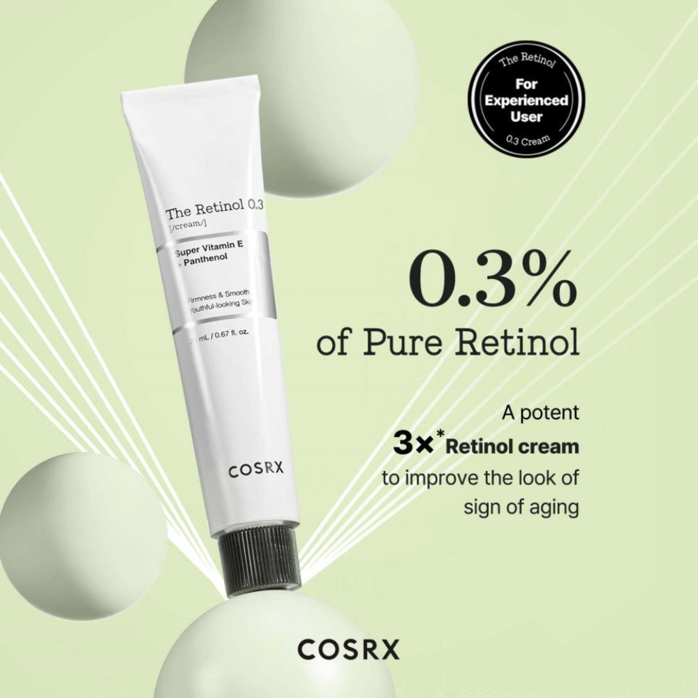 COSRX The Retinol 0.3 Cream enthält 0,3% reines Retinol, um die Festigkeit der Haut effektiv zu verbessern und feine Linien zu glätten. Angereichert mit Super-Vitamin E und Panthenol, spendet es Feuchtigkeit und Nährstoffe für die Haut. Ideal für erfahrene Anwender, ist dies eine kraftvolle Creme, die Zeichen der Hautalterung bekämpft und einen jugendlichen Glanz verleiht.