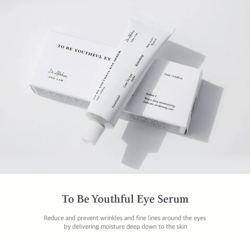 Bild von Dr. Altheas "To Be Youthful Eye Serum" mit einer weißen Tube und Verpackung. Das Produkt soll Falten und feine Linien um die Augen reduzieren und verhindern, indem es Feuchtigkeit tief in die Haut liefert. Der Text beschreibt die Eigenschaften und Vorteile des Produkts, einschließlich feuchtigkeitsspendender und erfrischender Eigenschaften.